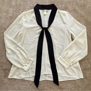 H&M Black and Cream Tie-Neck Blouse Size 4